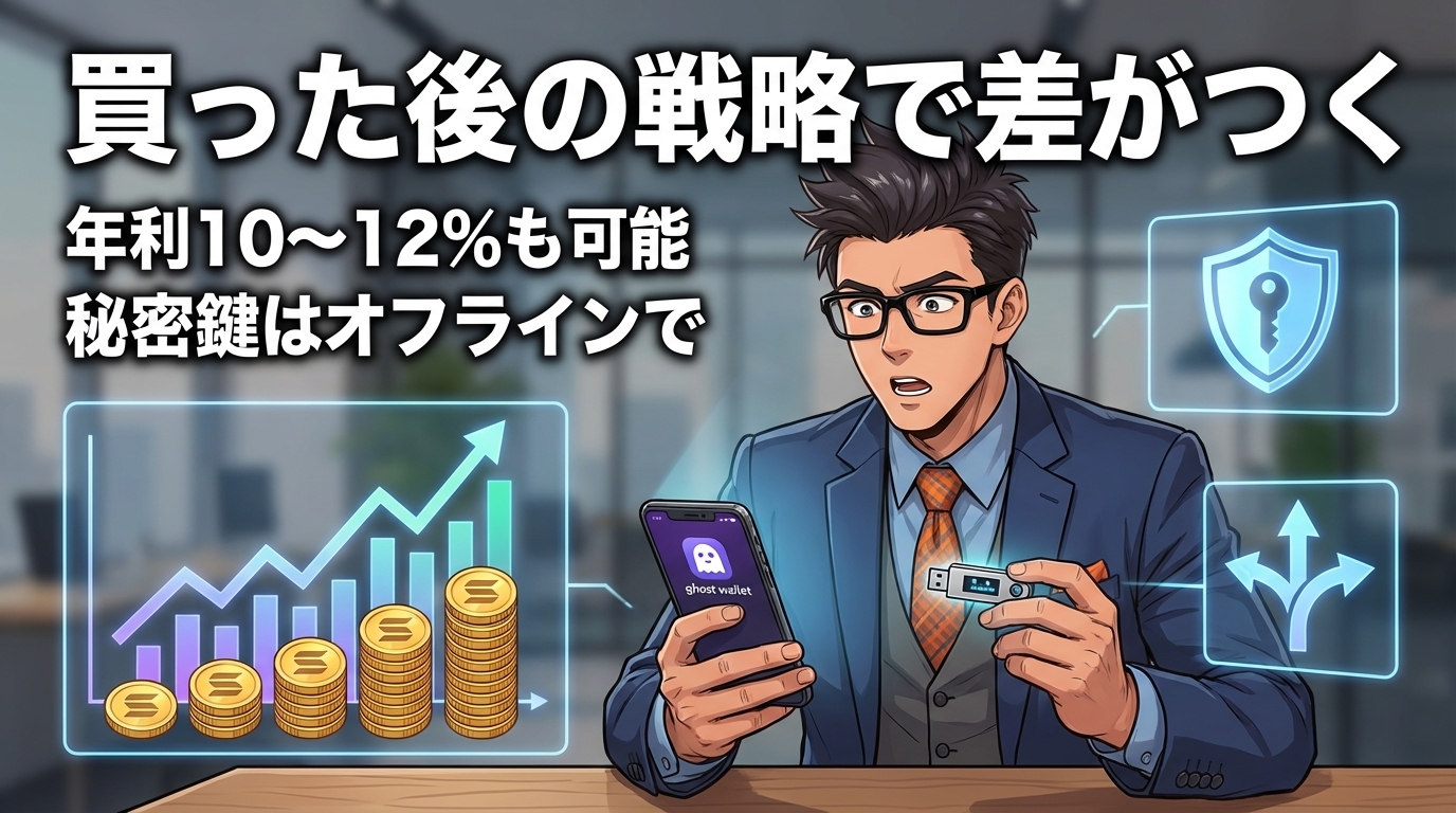 眼鏡をかけたスーツ姿の男性が電子財布アプリの画面とハードウェア財布を持ちながら暗号資産の購入後の運用戦略を説明する様子で左側に年利10から12パーセントと増加する金貨のグラフ、右側に鍵マークの盾と矢印が表示されている