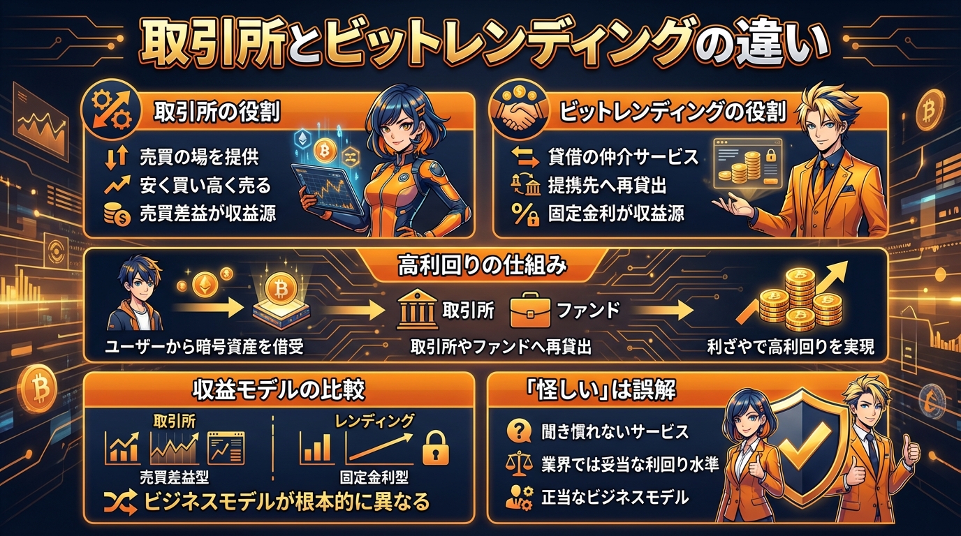 ビットレンディングと取引所の違いを示す図