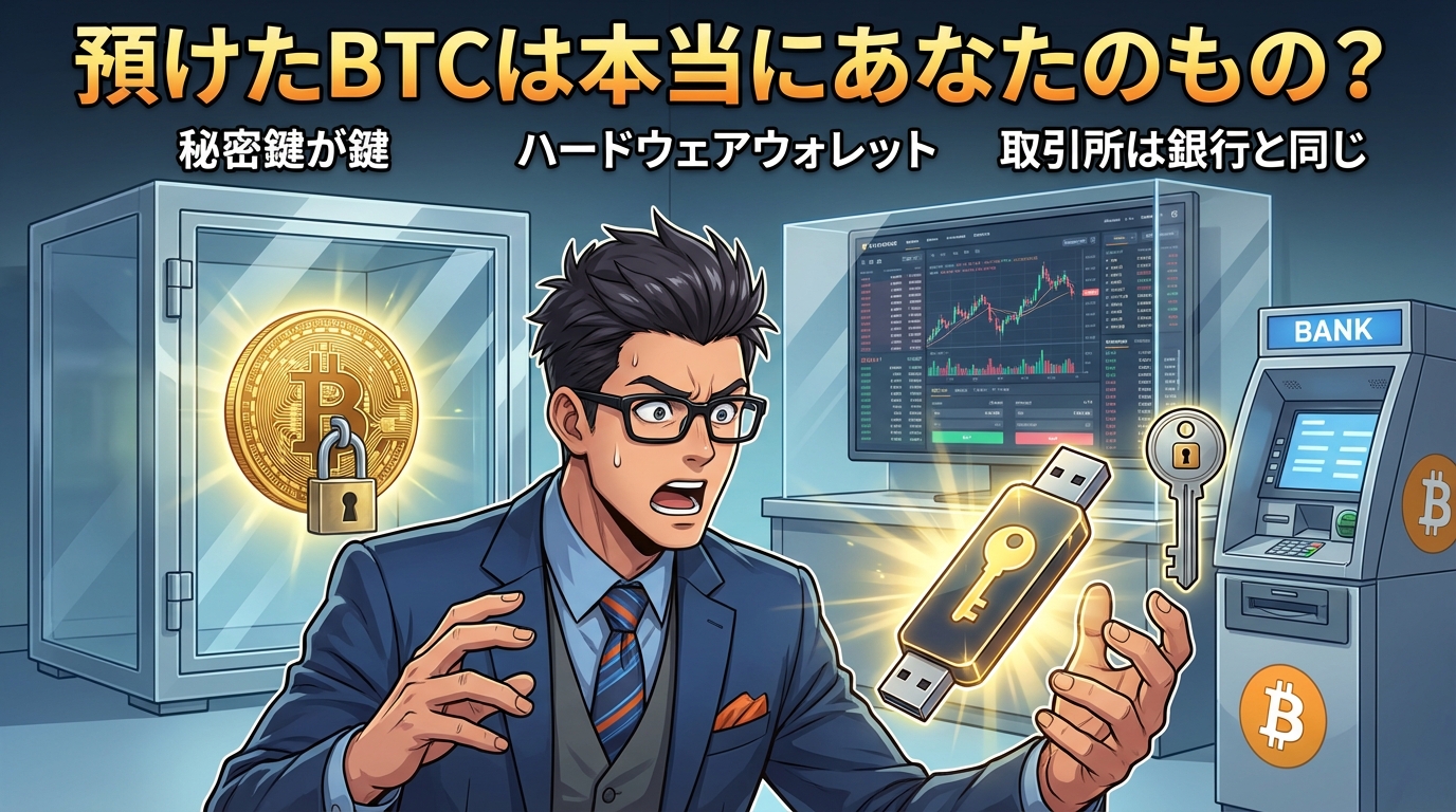 ビットコインの保管方法を説明する図で秘密鍵と金庫、物理的な保管装置、取引所と銀行の類似性を示すイラスト