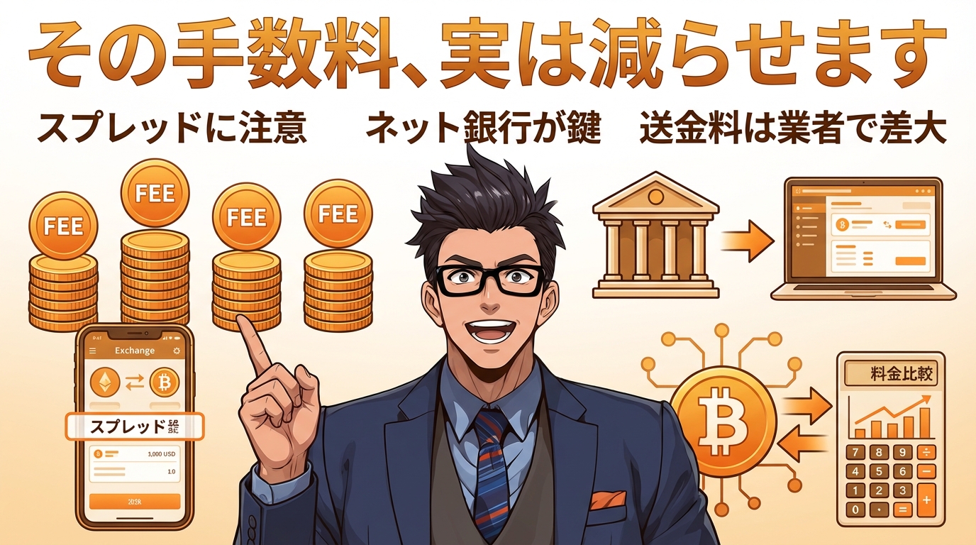 暗号資産の手数料削減方法を説明する眼鏡をかけたビジネスマンと取引手数料や送金料金の比較を示す図解