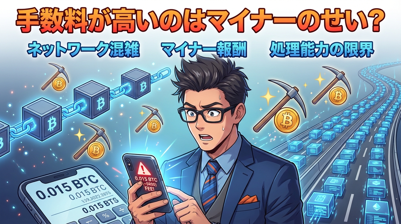 暗号資産の手数料が高い理由を説明するイラストで、ネットワーク混雑、採掘者への報酬、処理能力の限界の3つの要因と、ビットコインマークやブロックチェーン、採掘道具が描かれた図解