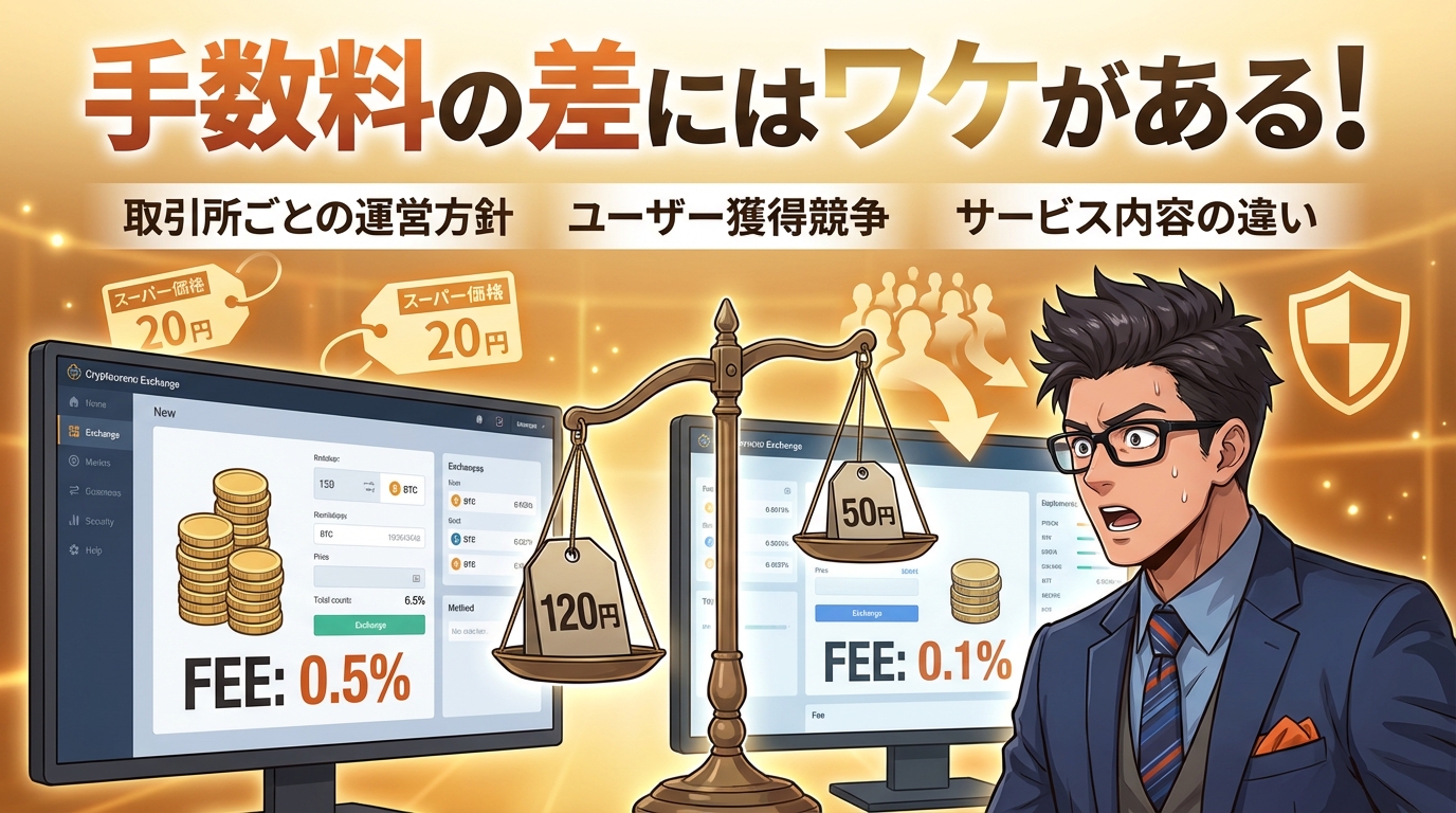 仮想通貨取引所の手数料比較を示す図解で左の画面に0.5%の手数料、中央の天秤に120円と50円の重り、右の画面に0.1%の手数料が表示され、スーツ姿の男性が驚いた表情で見ている様子