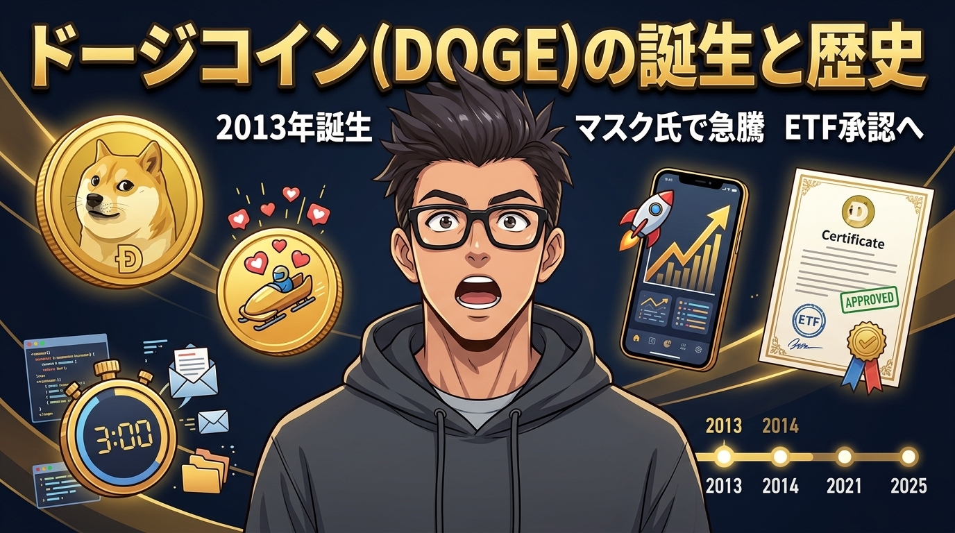 ドージコインの誕生から承認までの歴史を示す図解で柴犬のロゴや時系列が描かれた説明画像