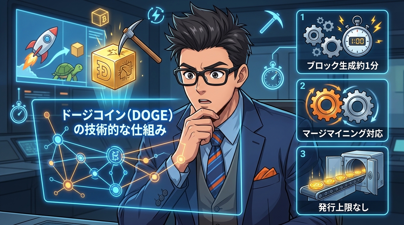 ドージコインの技術的な仕組みを解説する眼鏡をかけたビジネスマンと暗号資産のマイニングに関する3つの特徴を示した図解