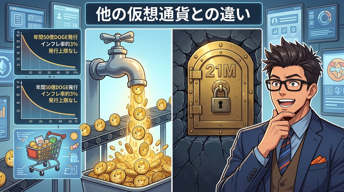 他の仮想通貨との違いを説明する図で左側に年間50億DOGE発行でインフレ率約3%と発行上限なしを示すグラフと蛇口から金貨が流れ出る様子、右側に21Mと書かれた鍵付き金庫の扉と眼鏡をかけたスーツ姿の男性が並ぶ比較画像