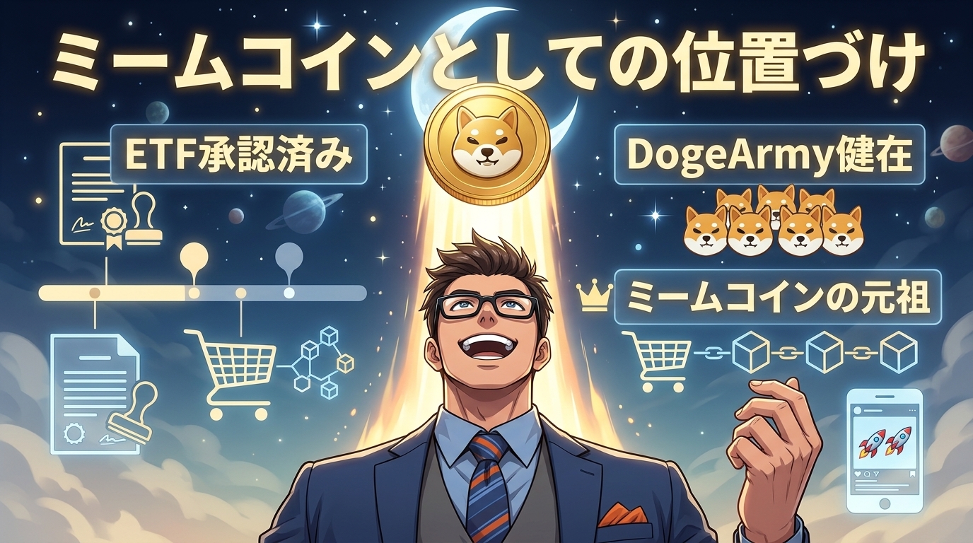 ミームコインとしての位置づけを説明する図解で、ETF承認済み、DogeArmy健在、ミームコインの元祖などの特徴と、眼鏡をかけたスーツ姿の男性が柴犬コインを見上げている様子