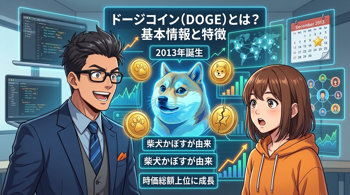 ドージコインの基本情報と特徴を説明する画像で柴犬のロゴと2013年誕生や時価総額上位に成長などの情報が表示されている