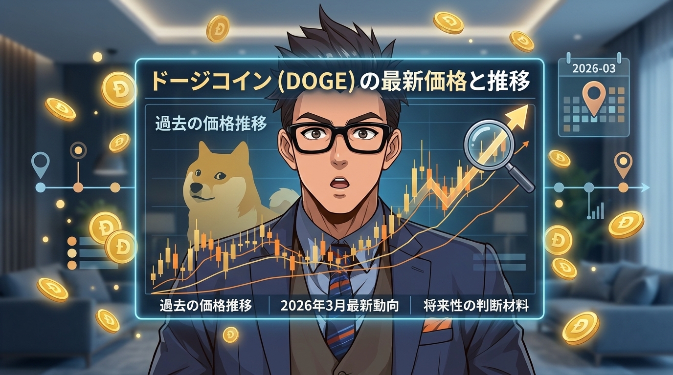 ドージコインの最新価格と推移を解説する眼鏡をかけたアナリストと価格チャートと柴犬のイラスト