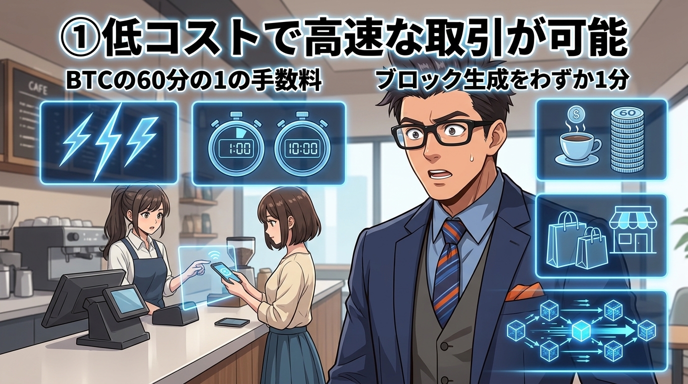 低費用で高速な仮想通貨取引が可能なことを説明するビットコインの手数料とブロック生成時間の比較図とカフェでスマホ決済する女性客と店員のイラスト