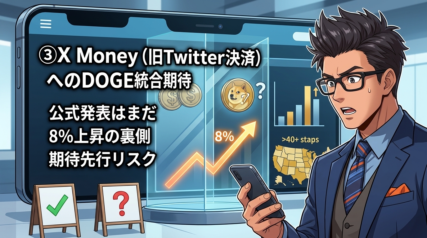眼鏡をかけたビジネスマンがスマホを持ち暗号資産XマネーとDOGE統合の8%上昇を示すグラフを見ている様子