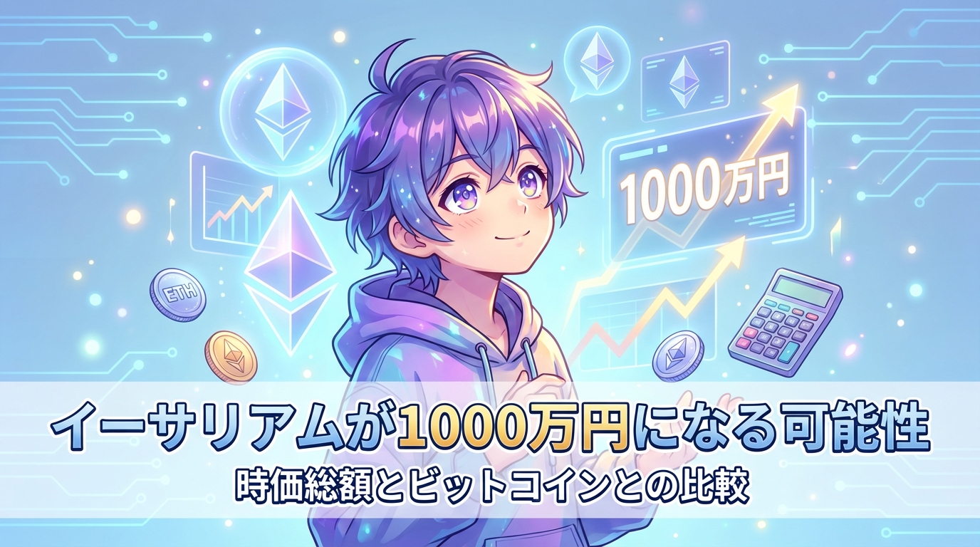 紫髪のアニメキャラクターと仮想通貨イーサリアムのロゴや1000万円の文字と上昇グラフが描かれたイーサリアム投資の解説画像