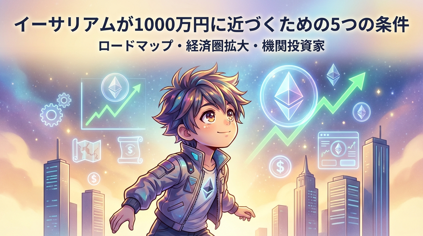 イーサリアムが1000万円に近づくための5つの条件を示す計画と経済圏拡大と機関投資家の参入をテーマにした暗号資産の成長チャートと都市の背景画像