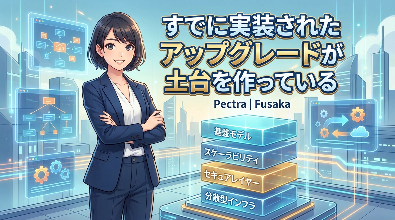 すでに実装されたシステム更新が土台を作っている様子を示す4層構造の図解とビジネススーツの女性