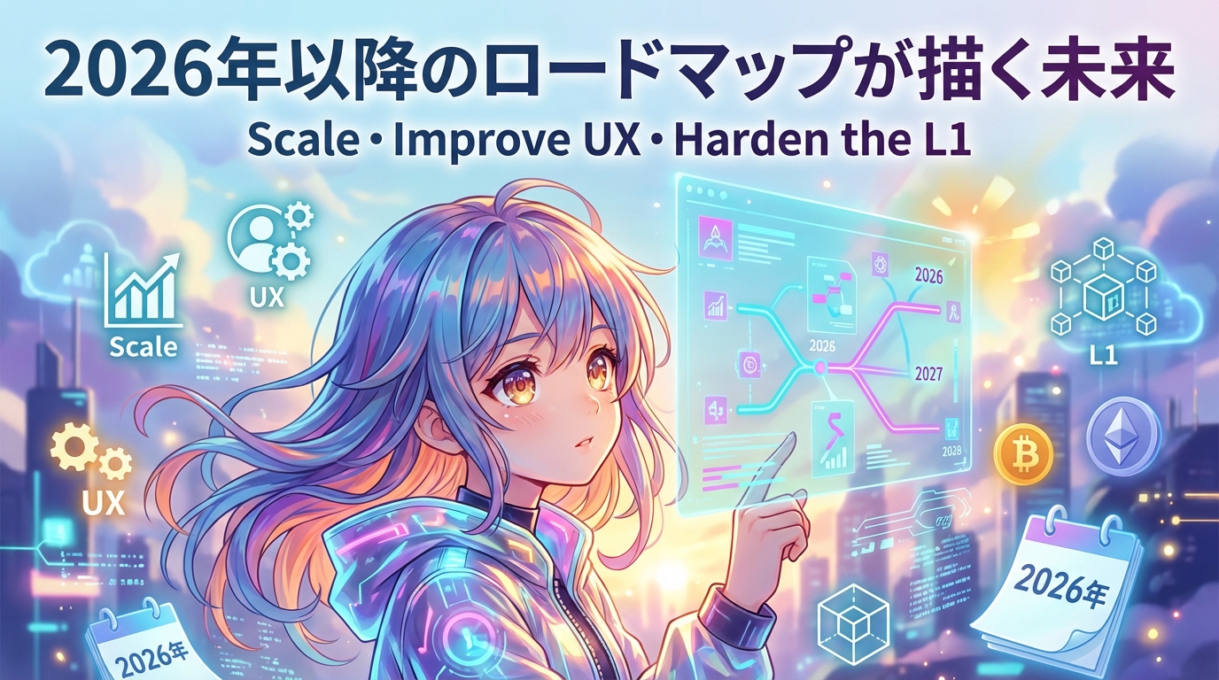 2026年以降の事業計画を示す未来的な画面を見つめる紫色の髪の女性と拡大やUX改善やL1強化の3つの戦略を表すアイコン