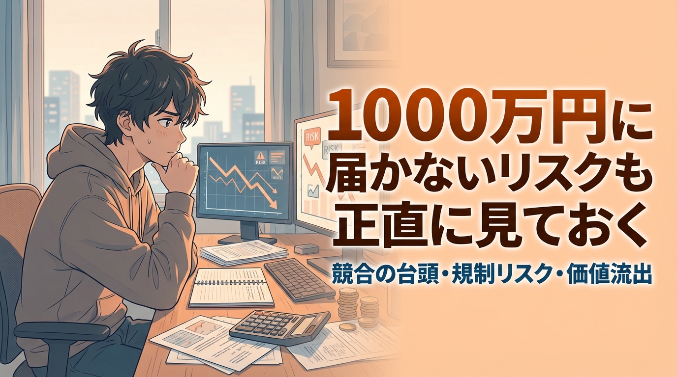 下落する株価チャートを見ながら考え込む投資家の男性と1000万円に届かない危険も正しく見ておくという金融教育の文字が表示された画像