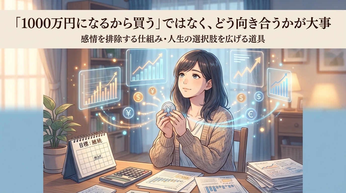 資産運用の成長グラフと通貨記号を背景に円マークのコインを手に持ち微笑む女性と机上の電卓やカレンダーや資料