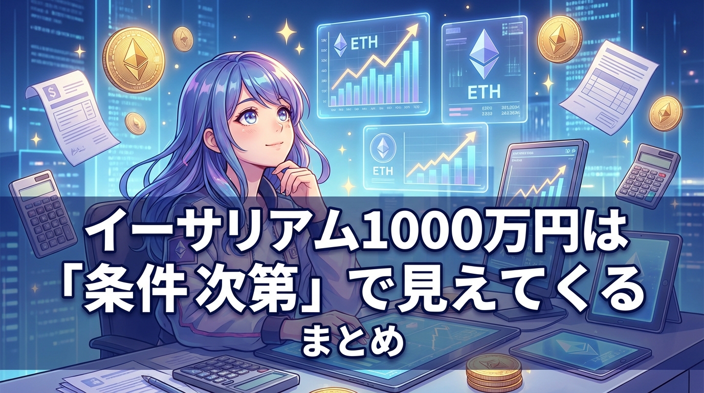 イーサリアムの価格上昇グラフと金貨や電卓が浮かぶ中で仮想通貨投資を考える紫髪の女性のイラスト
