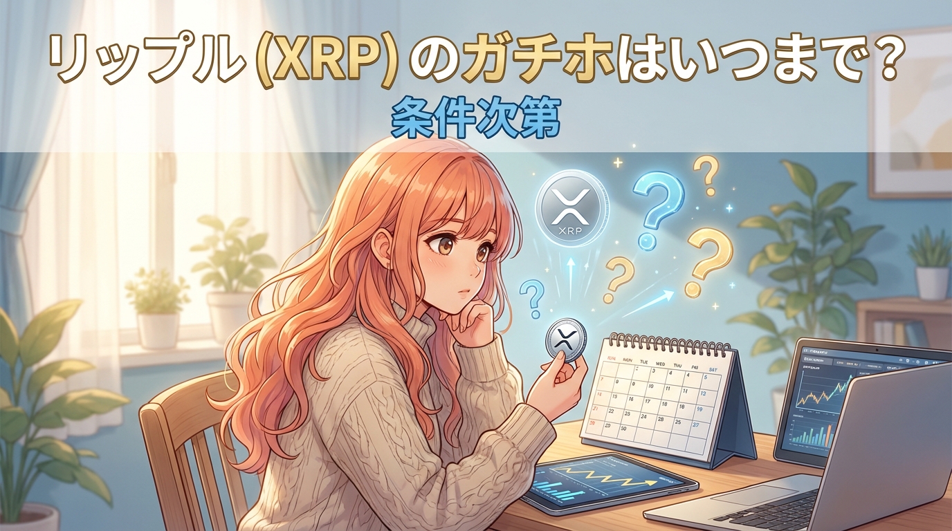 リップルXRPのガチホはいつまでか疑問に思う女性が卓上カレンダーとパソコンの価格チャートを見ながら考えている様子