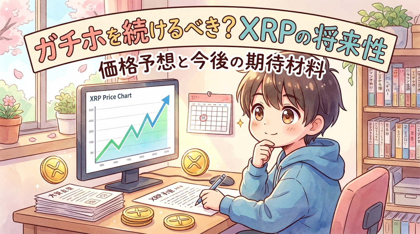 XRPの価格チャートを見ながら仮想通貨への投資を検討する人のイラスト