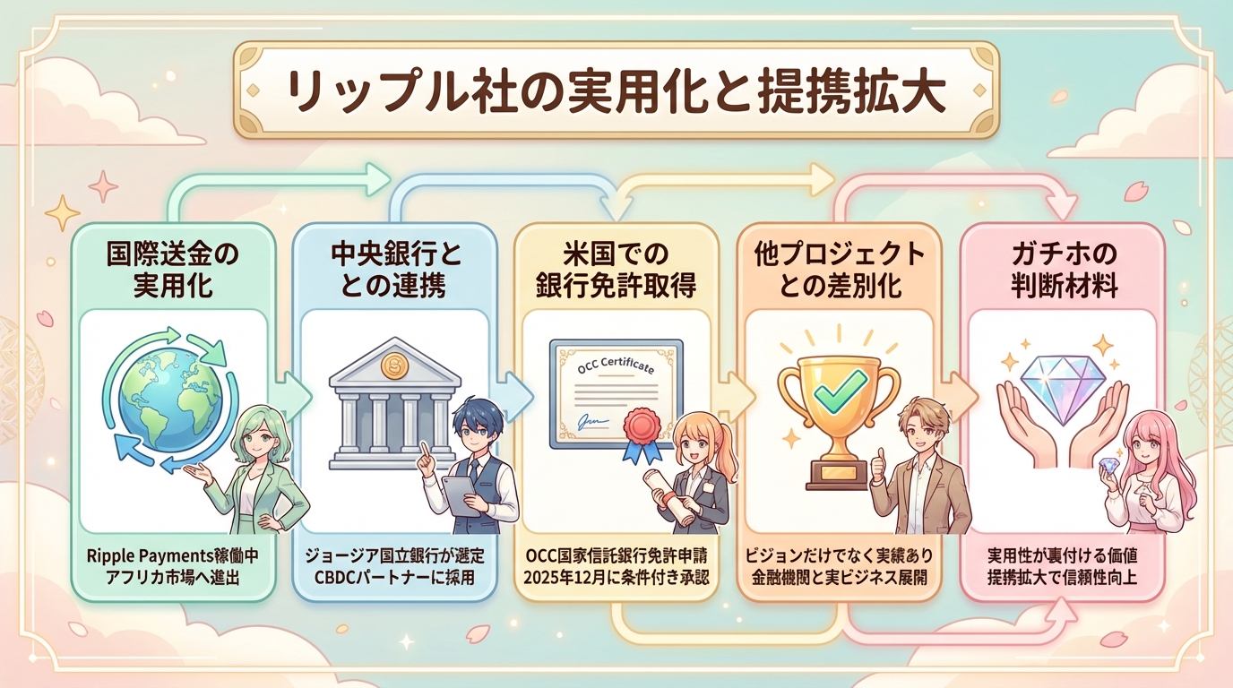 リップル社の実用化と提携拡大を示す5つの取り組みの図解で国際送金の実用化や中央銀行との連携や米国での銀行免許取得や他事業との差別化やガチホの判断材料を説明