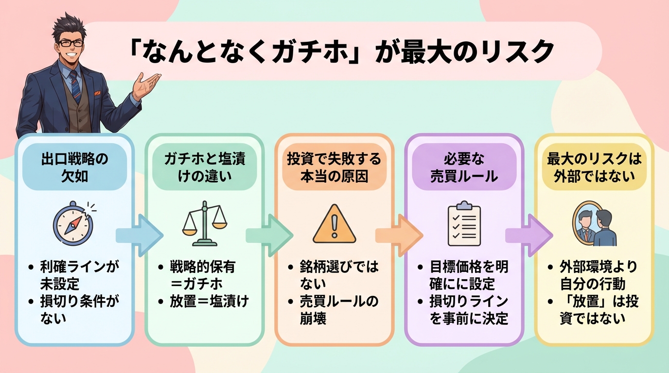 投資で失敗する原因と対策を5つのステップで解説する図解で、出口戦略の欠如からガチホと塩漬けの違い、投資で失敗する本当の原因、必要な売買ルール、最大のリスクは外部ではないという流れを示したインフォグラフィック