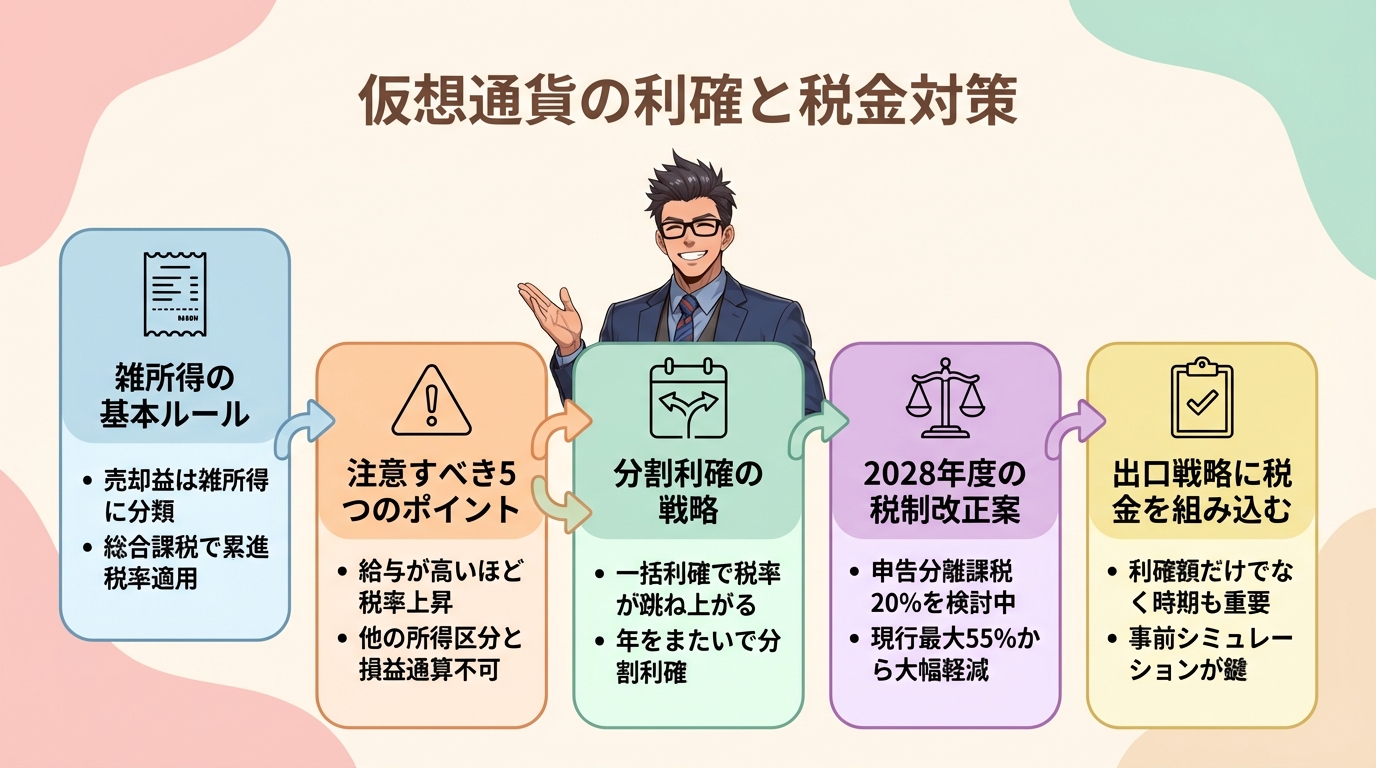 仮想通貨の利益と税金対策を説明する5つのステップを示した図解で雑所得の基本から注意点、分割利確の戦略、2028年度の税制改正案、出口戦略までを眼鏡をかけたビジネスマンが案内している