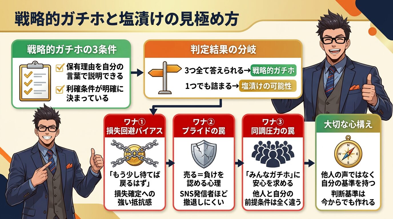 戦略的な我慢と無駄な我慢の見分け方を説明する図解で眼鏡をかけたスーツ姿の男性が3つの条件と判定結果の分岐および3つの落とし穴を解説している