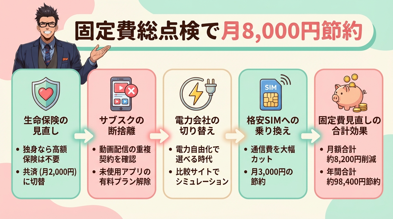 固定費の見直しで月8000円節約する5つの方法を示した図解で生命保険の見直しから格安SIMへの乗り換えまでの手順を矢印で説明
