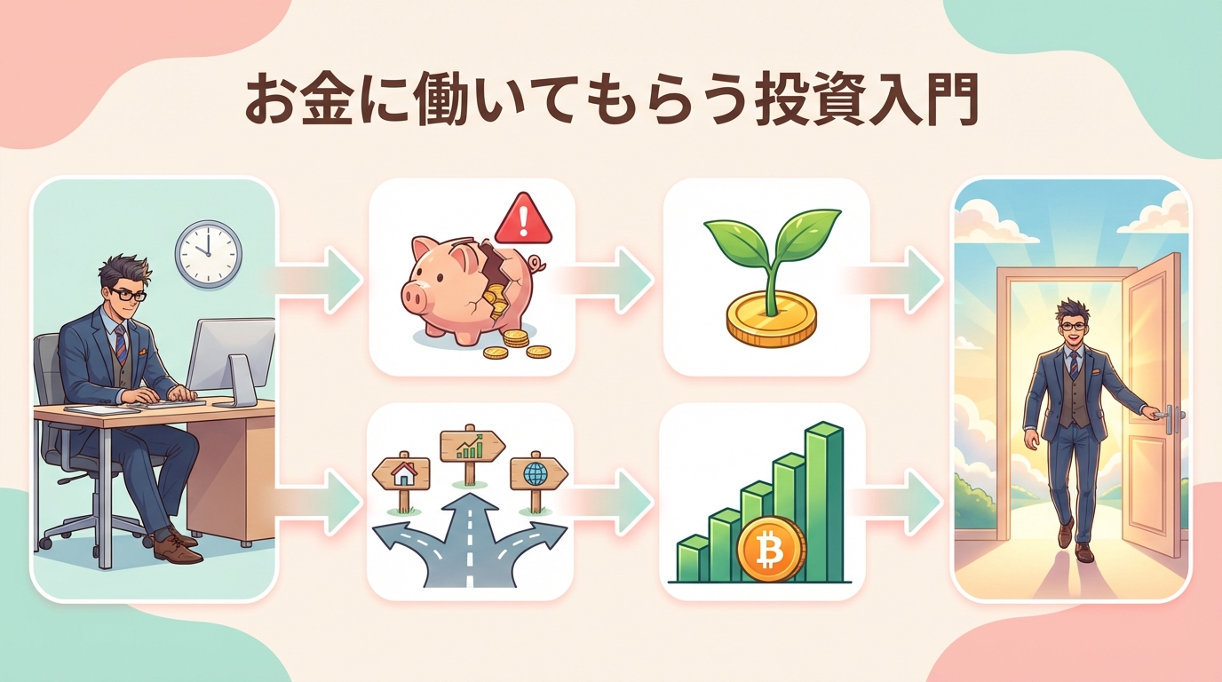 お金に働いてもらう投資入門の流れを示した図で働く人から貯金のリスク、資産の成長、投資先の選択、資産増加、経済的自由への6つのステップを矢印でつなぐ説明図