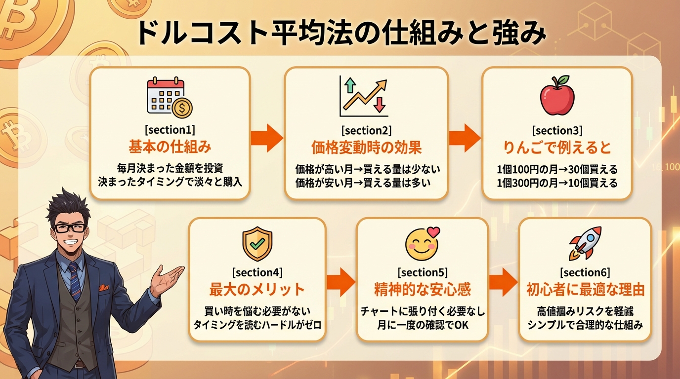 ドルコスト平均法の仕組みと強みを6つの項目で解説した図解で基本の仕組みから初心者に最適な理由までを矢印でつないで説明している