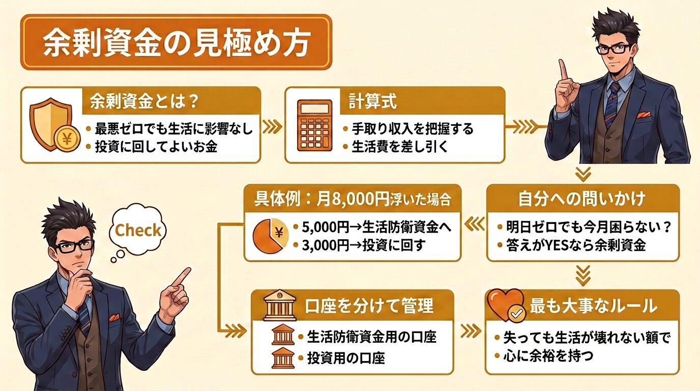 余剰資金の見極め方を説明する図解で手取り収入から生活費を引いた金額の計算方法と口座を分けた管理方法を示すスーツ姿の男性による解説画像