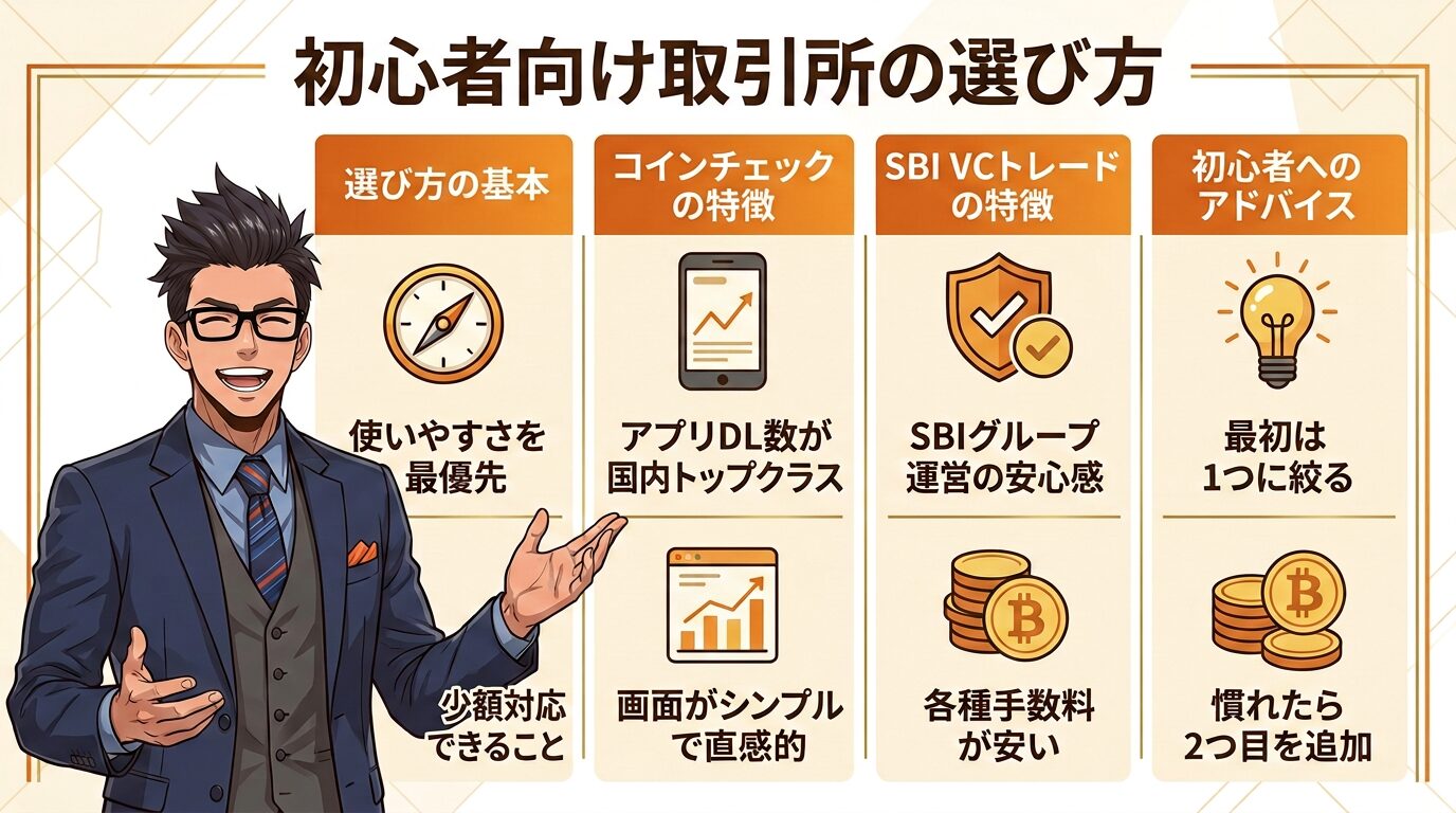 初心者向け仮想通貨取引所の選び方を解説する図で使いやすさ優先と少額対応可能な基本からコインチェックとSBIVCトレードの特徴と初心者への助言を4つの項目で比較した一覧表