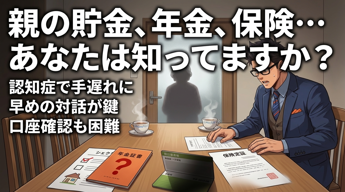 認知症の親の貯金や年金や保険について悩むスーツ姿の男性が書類を見ながら考え込んでいる様子で背景には扉の向こうに親の影が見える場面