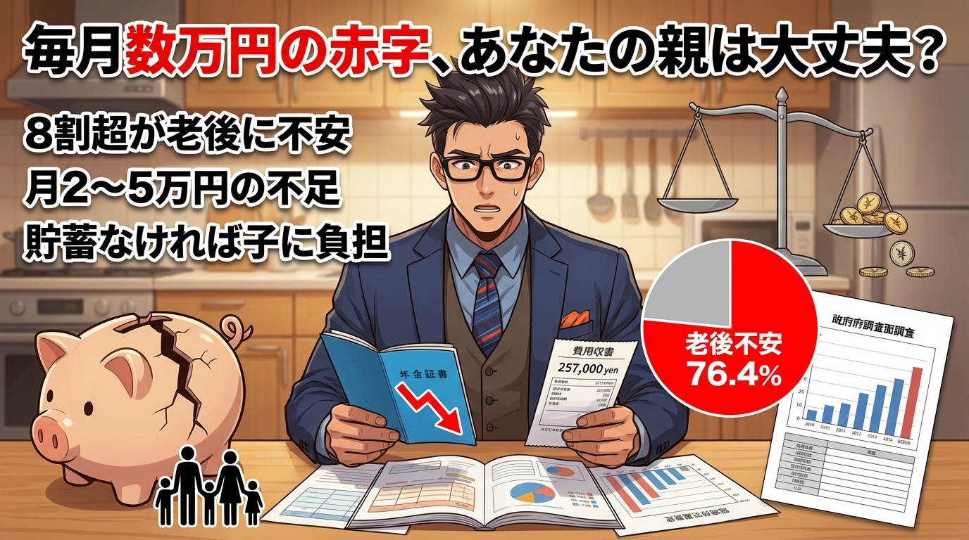 眼鏡をかけたスーツ姿の男性が年金手帳と家計調査書類を持ち老後不安76.4%の円グラフと貯金箱を前に老後資金の不足について考えている様子