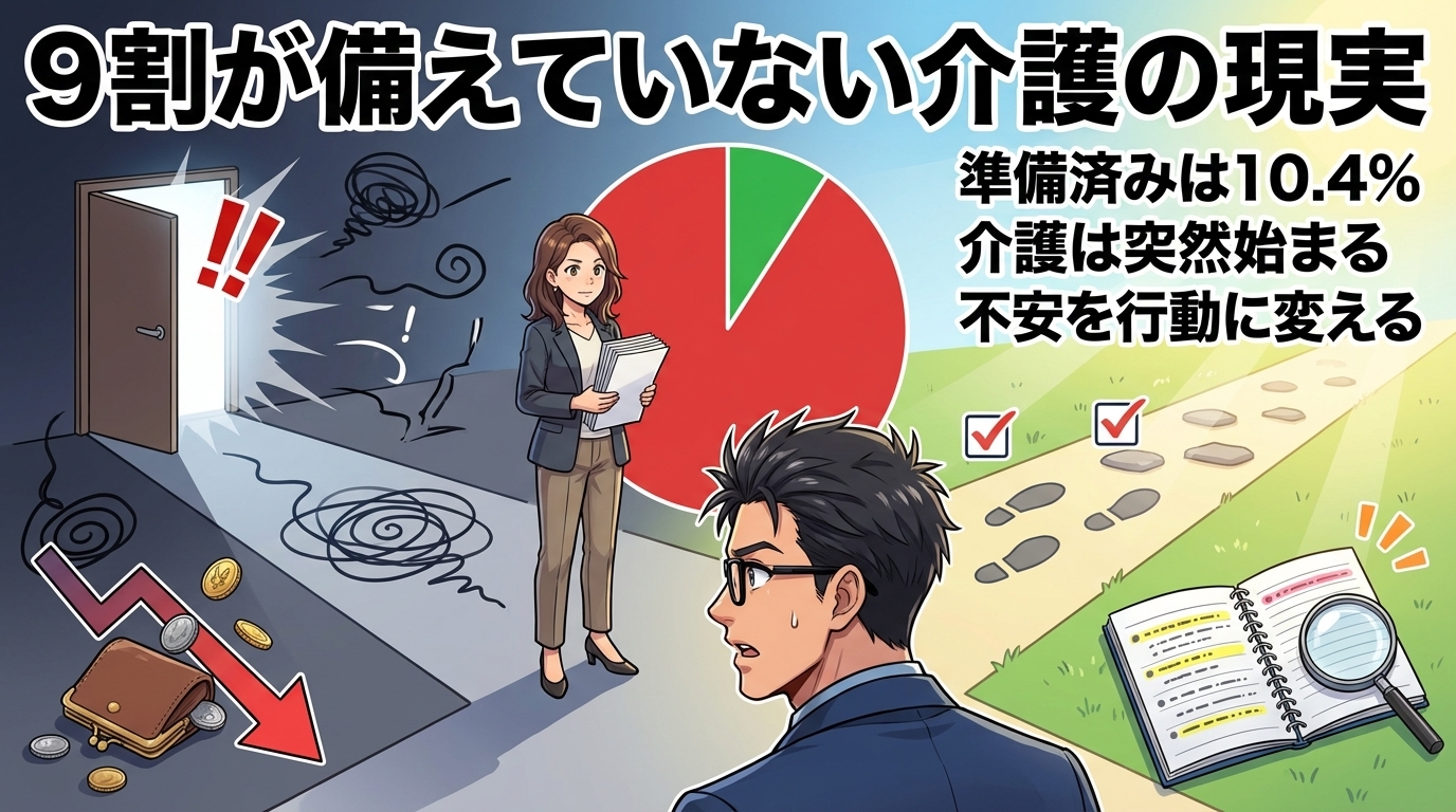 介護準備が不十分な9割の現状を示す円グラフと暗い現実から明るい未来へ向かう男性と女性の対比図