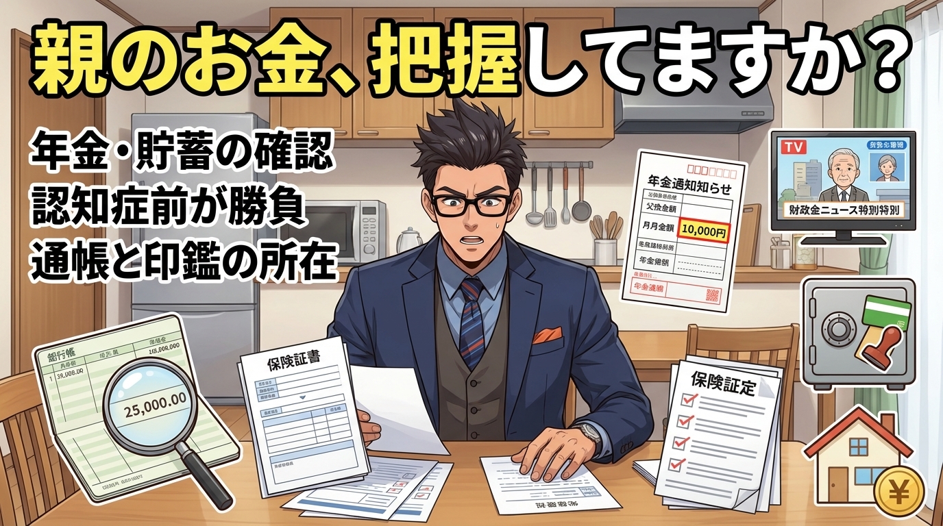 親のお金の把握を促す画像で年金通知書や保険証書と通帳を確認する眼鏡をかけたスーツ姿の男性が書類を整理している様子