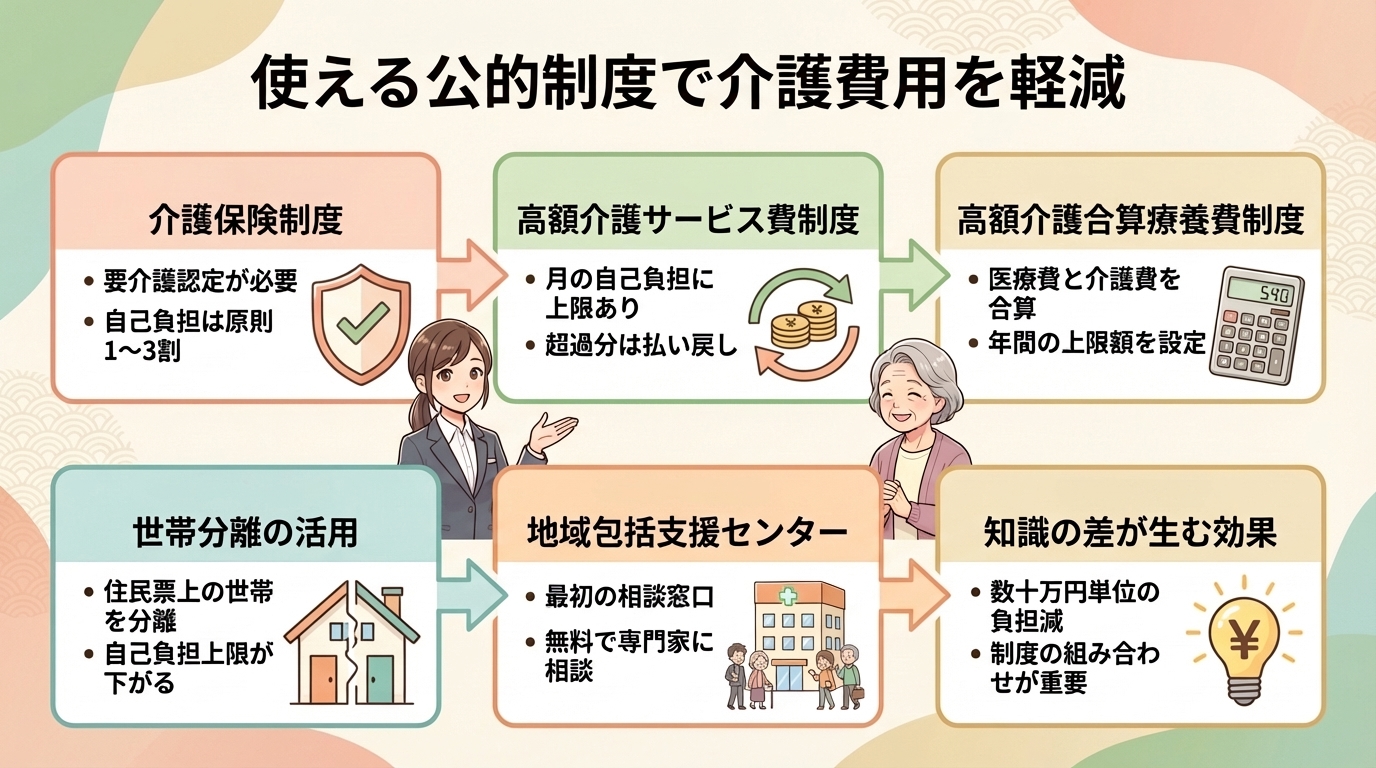 介護費用を軽減できる6つの公的制度の説明図で介護保険制度や高額介護サービス費制度などの特徴と利用方法を女性相談員と高齢女性のイラスト付きで解説