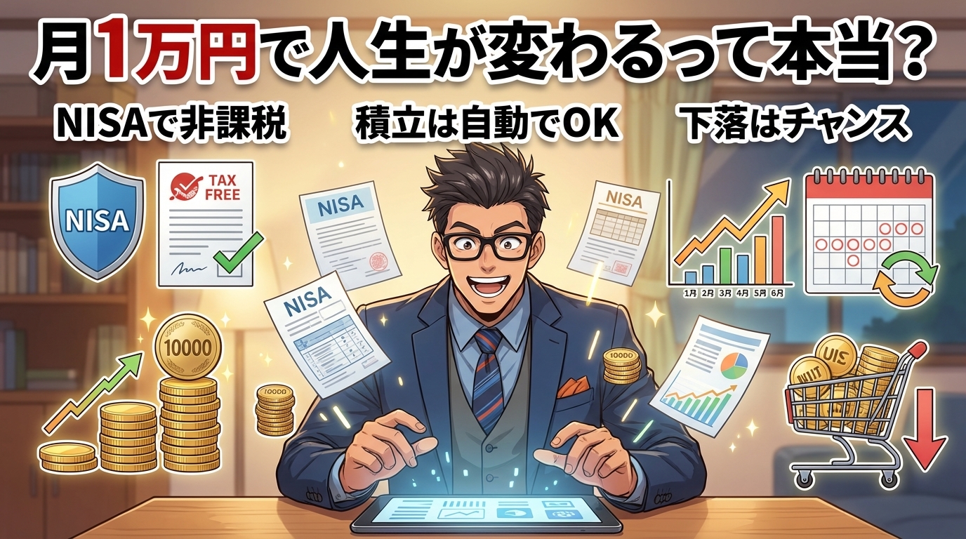月1万円で人生が変わるかを問いかけるNISA投資の説明図で眼鏡をかけたスーツ姿の男性が書類を持ち非課税制度や自動積立や価格変動の仕組みを示すイラスト