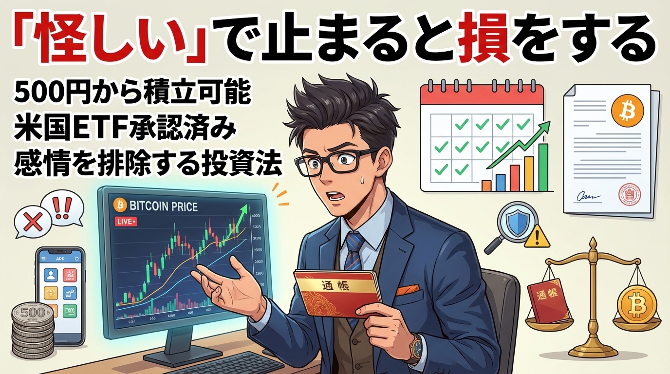 500円から始められる米国承認済み仮想通貨上場投資信託を使った感情に左右されない積立投資方法を説明する眼鏡をかけたスーツ姿の男性と価格チャート画面および投資計画表のイラスト