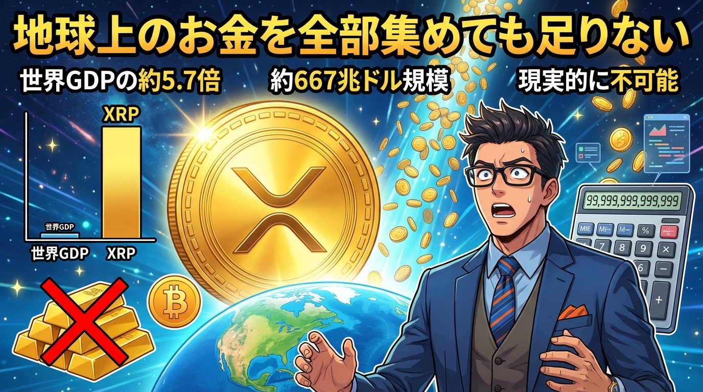 世界の国内総生産の約5.7倍にあたる667兆ドル規模の暗号資産XRPと電卓を持つ驚いた表情のビジネスマン