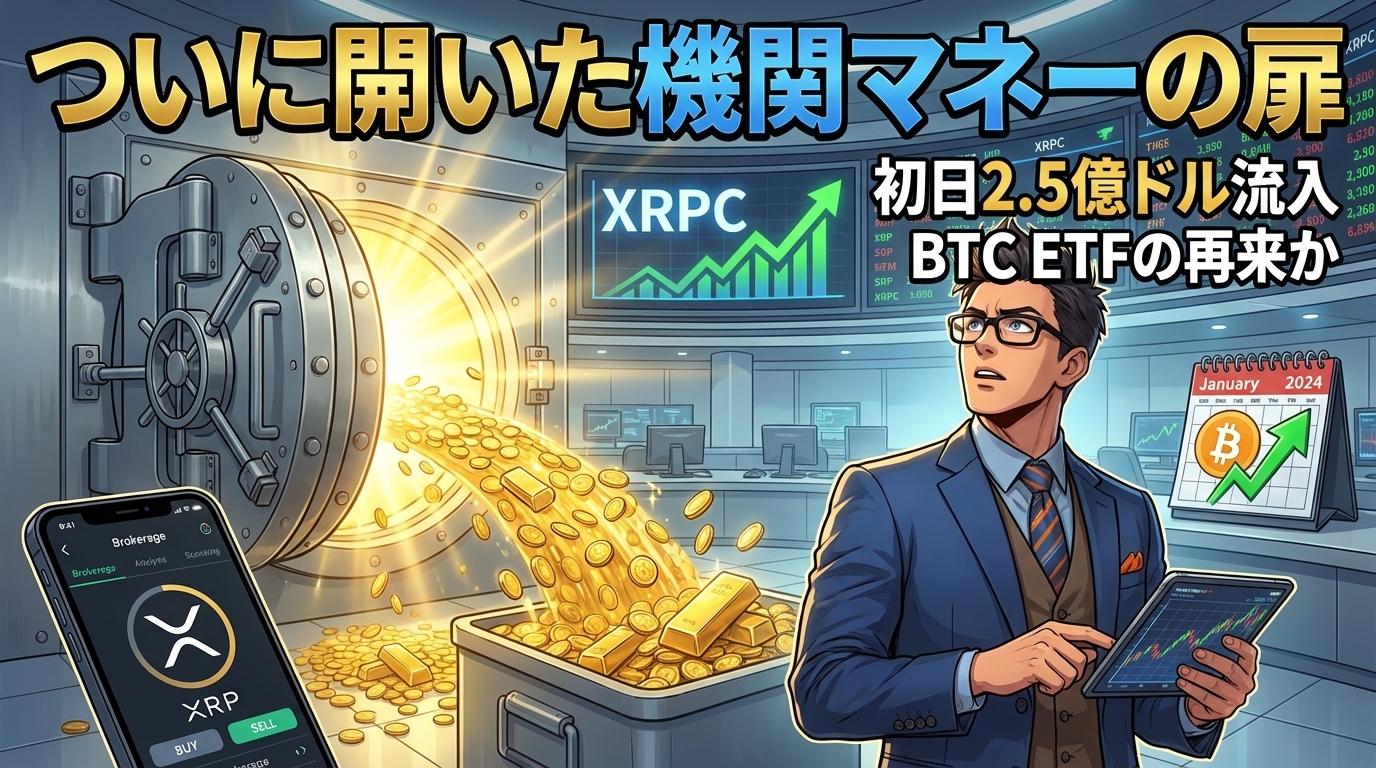 XRPCの価格上昇とビットコイン上場投資信託への資金流入を示す暗号資産取引所の様子を表したイラスト
