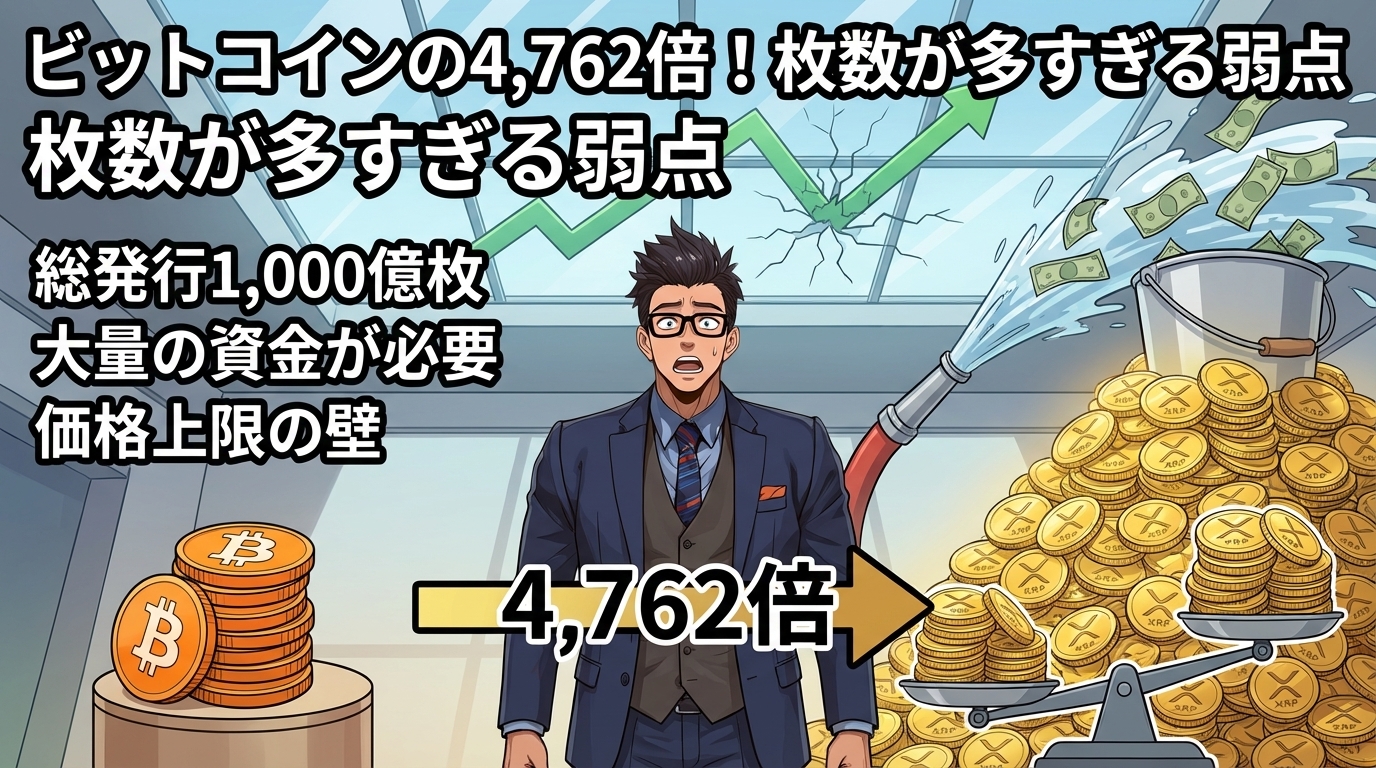 ビットコインの4762倍の発行枚数を持つ仮想通貨と少量のビットコインを比較する眼鏡をかけたスーツ姿の男性の解説図