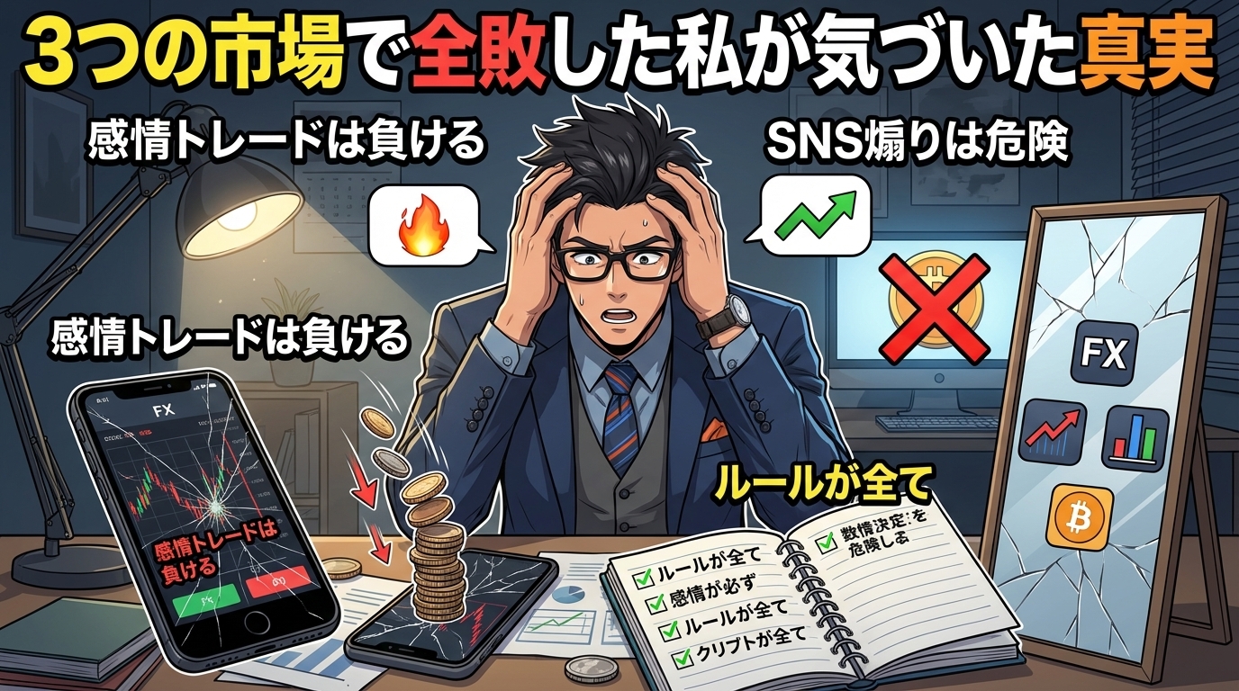 3つの市場で全敗した投資家が頭を抱えて後悔している様子と失敗の教訓を示すイラスト
