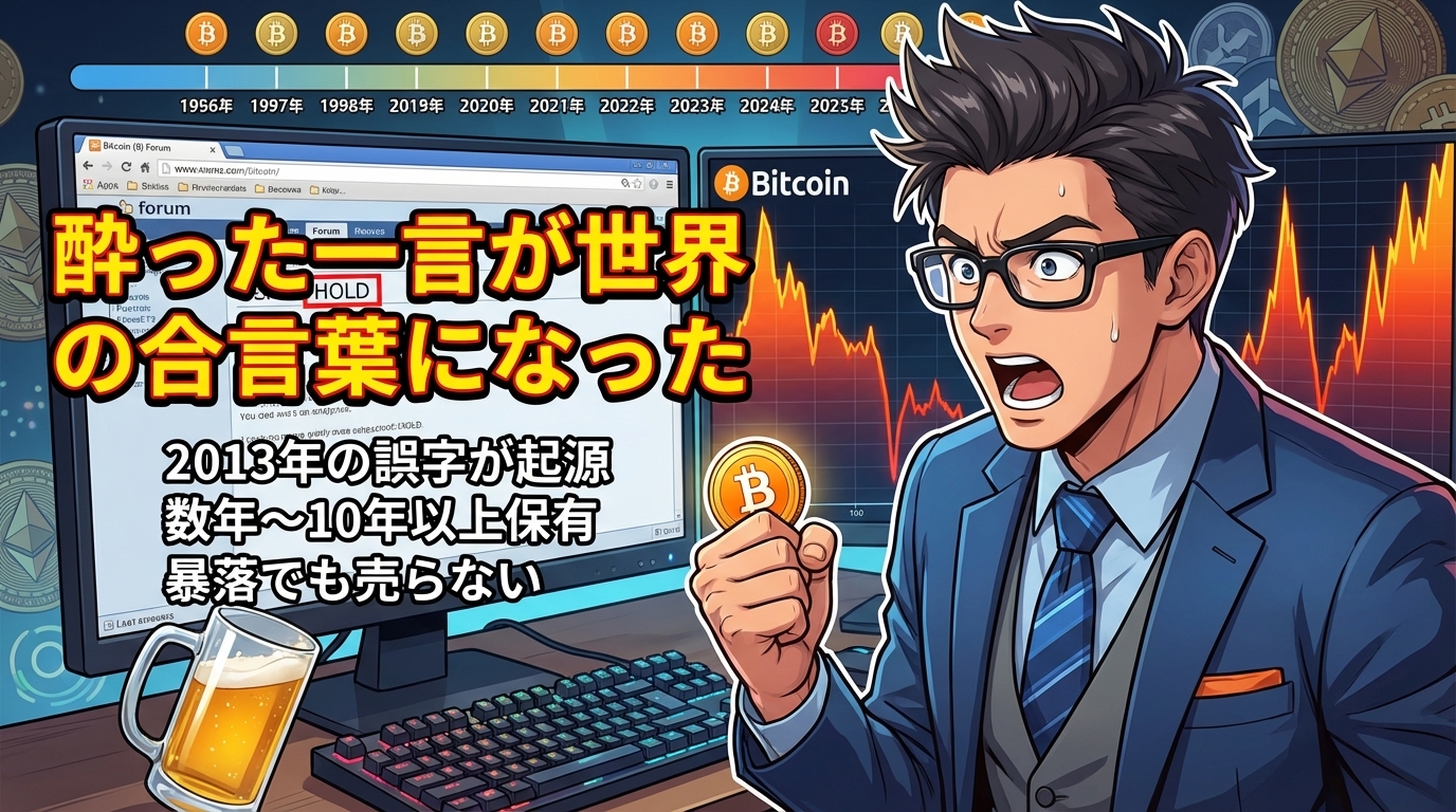 ビットコインを持つ眼鏡の男性が価格チャートを見て驚いている様子と2013年の誤字が世界共通語になった経緯を説明する画面