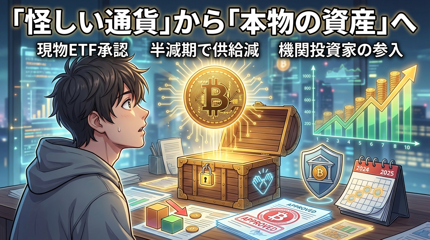 仮想通貨から本物の資産への移行を表すイラストで宝箱から光るビットコインが現れ右上に上昇する投資グラフと2024年から2025年のカレンダーが描かれた画像