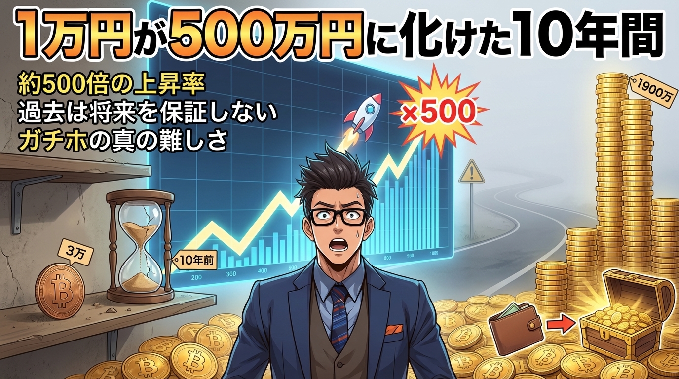 1万円が500万円に化けた10年間の暗号資産投資で約500倍になった様子を示す驚いた表情の男性とロケットマークや上昇する折れ線グラフと金貨の山のイラスト
