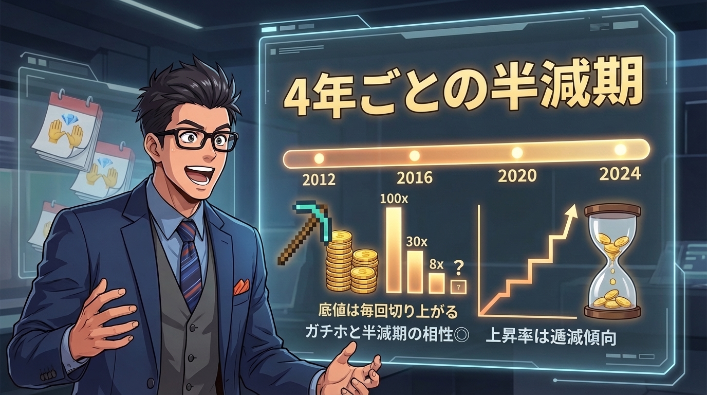 2012年から2024年までの4年ごとの半減期を示す棒グラフで収益率の低下傾向を説明するスーツ姿の男性