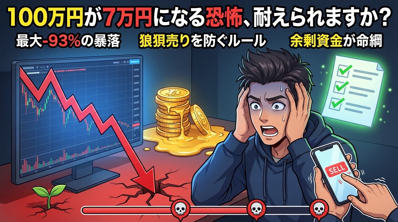 仮想通貨で100万円が7万円に暴落して焦る投資家の男性と下落チャートと売却ボタンを持つスマートフォンの画面