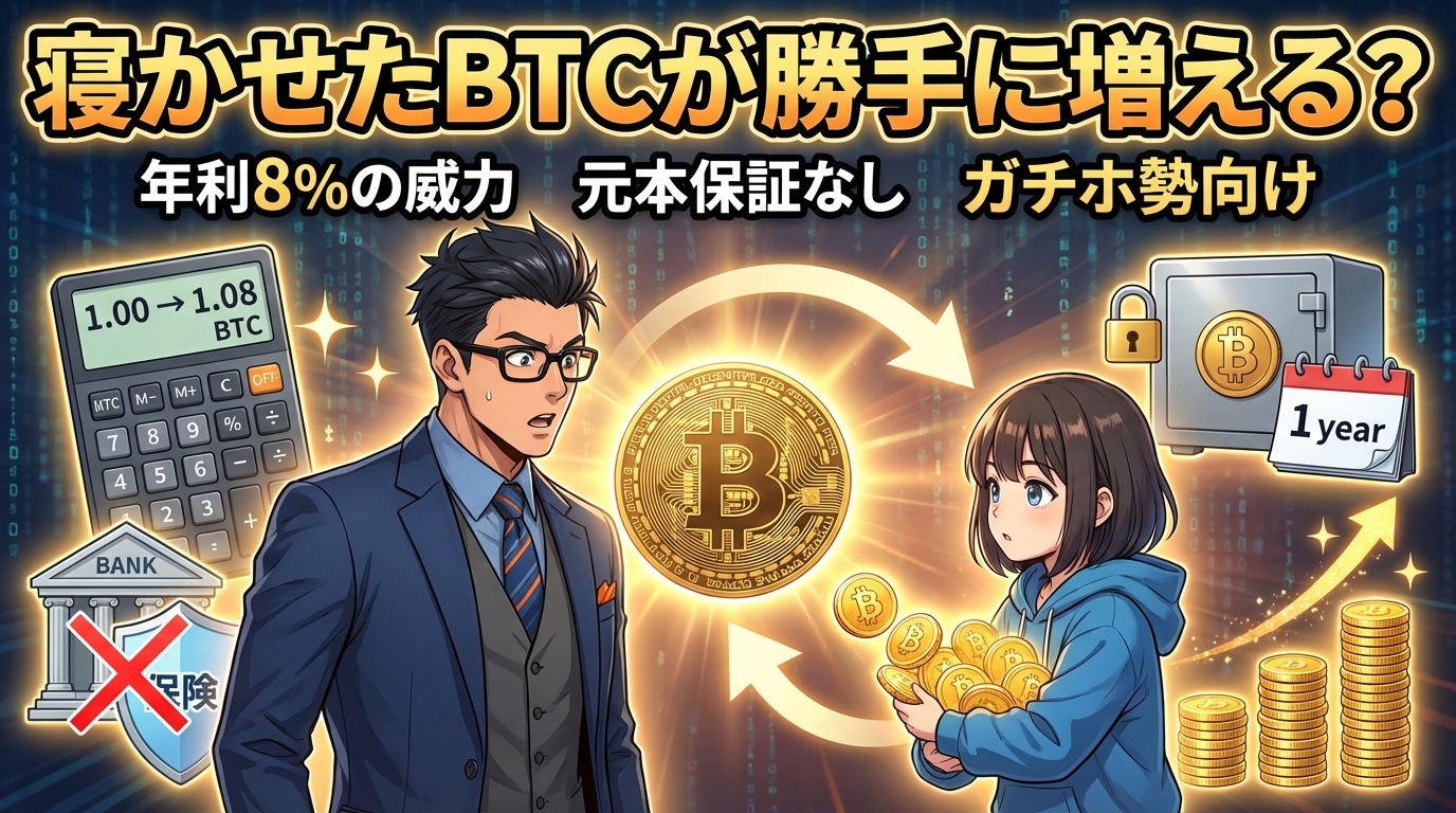 年利8%でビットコインが増える仮想通貨の運用方法を説明する男性と金貨を持つ女性のイラスト