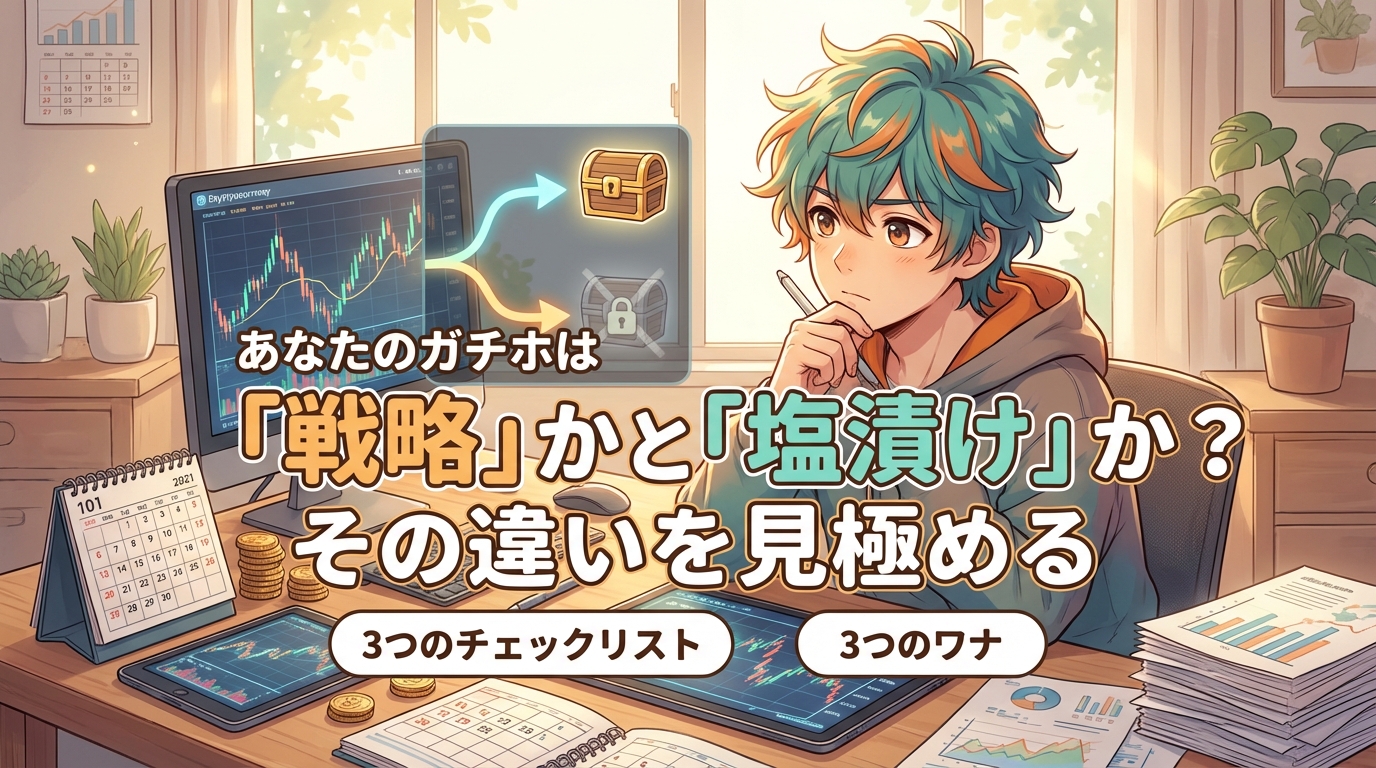 仮想通貨取引の戦略と塩漬けの違いを考える緑髪の若者とパソコン画面に表示された価格チャートと宝箱のイラスト